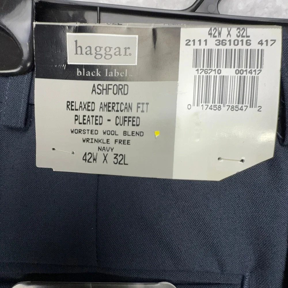 Haggar Black Label Ashford Navy Pleated Cuffed‎ Dress Pants 42x32 Wool Blend NEW